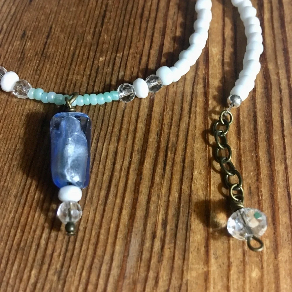 Blue and White Beaded Ladies Beach Necklace,  Handmade Ladies Beaded Necklace - Picture 4 of 5